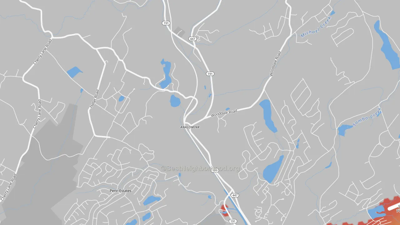 Walk Grade map of 18320, PA, walkable areas in green and car-dependent areas in red