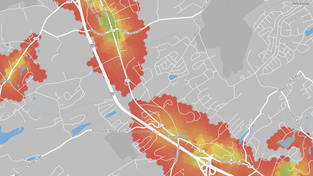 Walk Grade map of 18321, PA, walkable areas in green and car-dependent areas in red