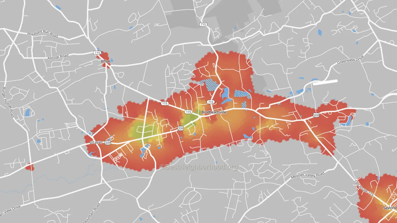 Walk Grade map of 18322, PA, walkable areas in green and car-dependent areas in red