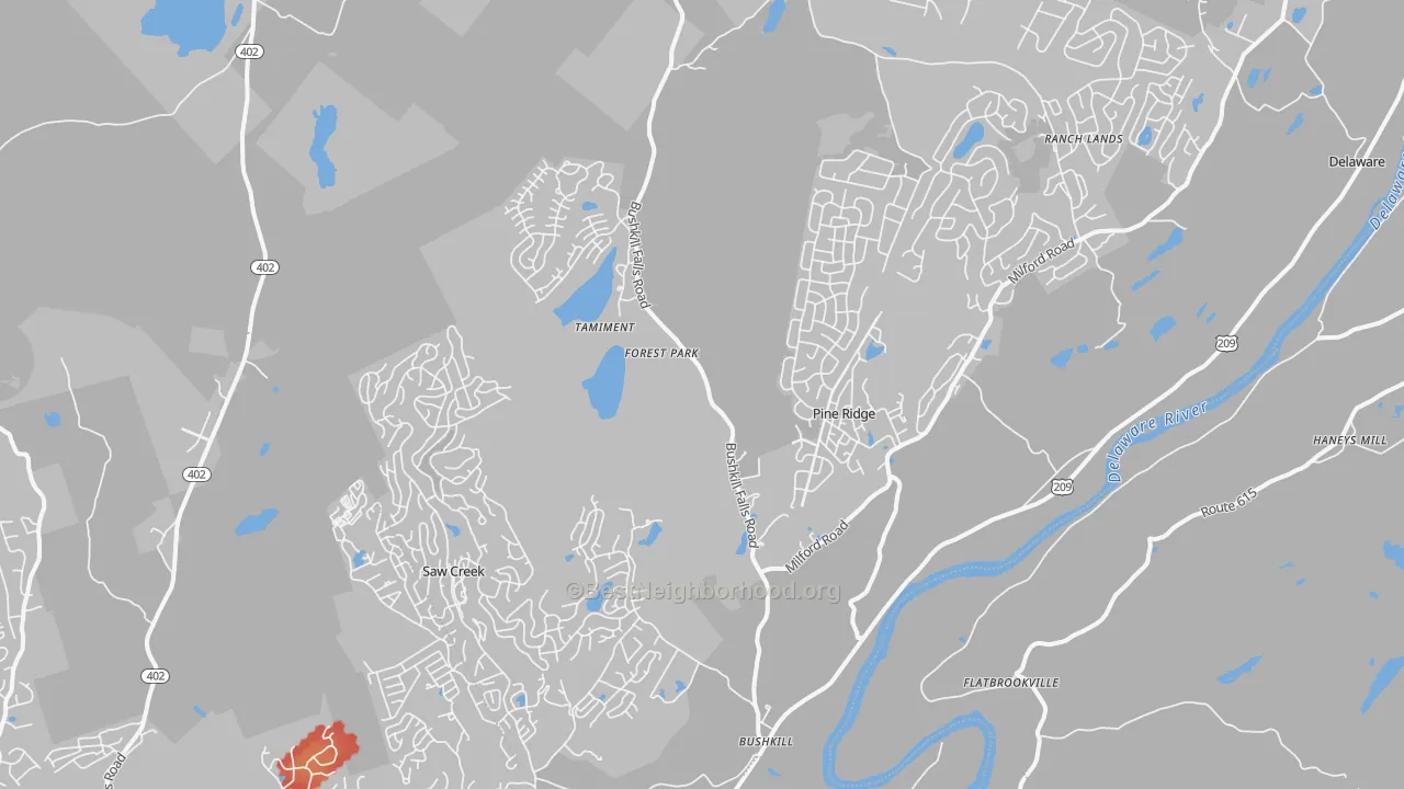 Walk Grade map of 18324, PA, walkable areas in green and car-dependent areas in red