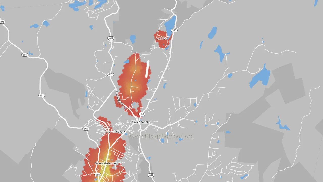 Walk Grade map of 18325, PA, walkable areas in green and car-dependent areas in red