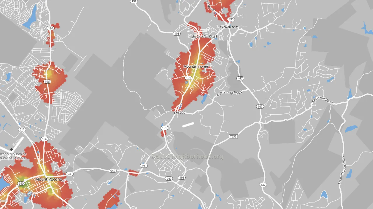 Walk Grade map of 18326, PA, walkable areas in green and car-dependent areas in red