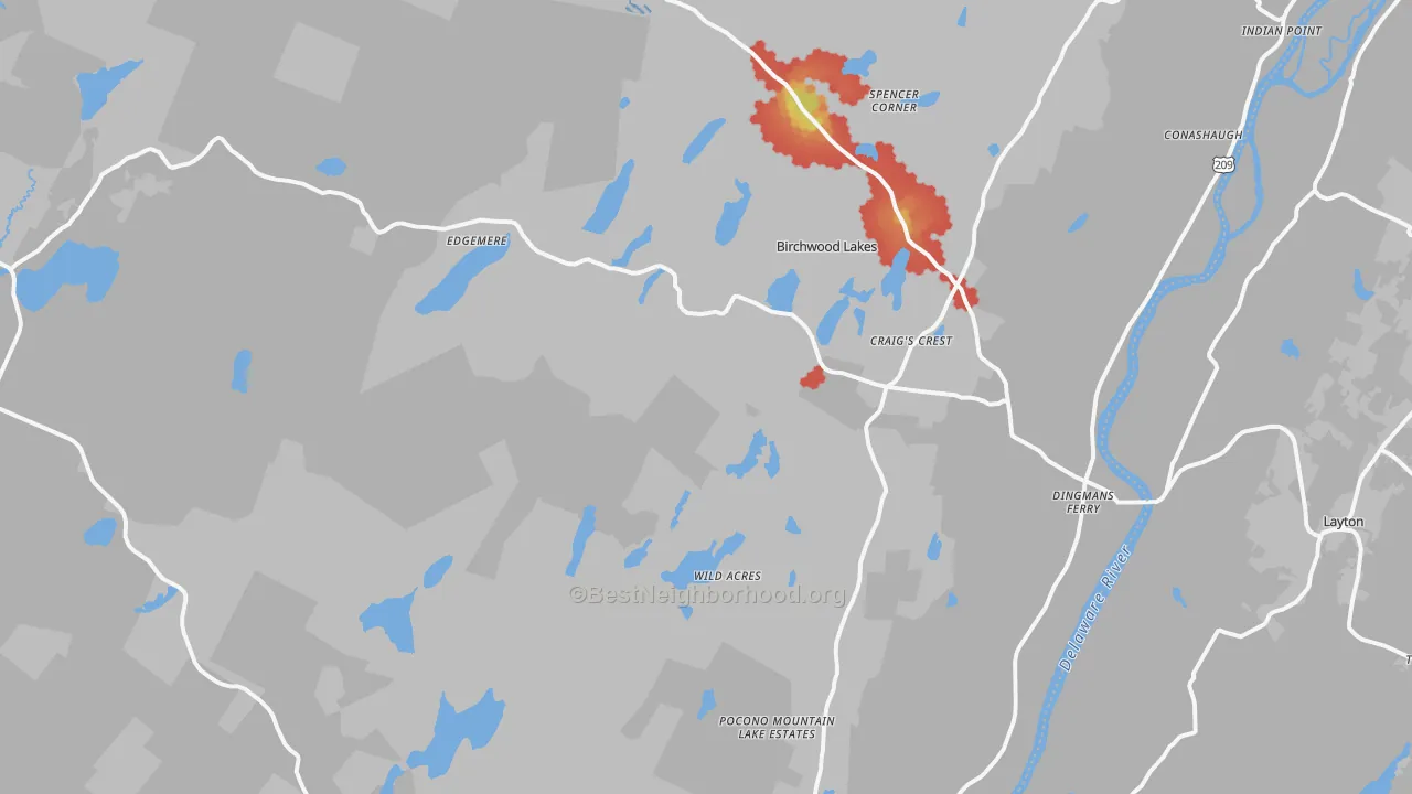 Walk Grade map of 18328, PA, walkable areas in green and car-dependent areas in red