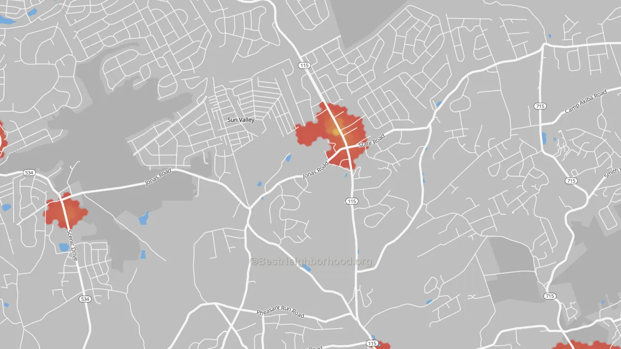 Walk Grade map of 18330, PA, walkable areas in green and car-dependent areas in red