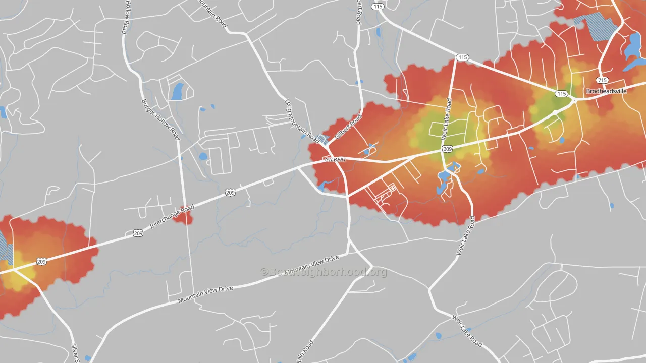 Walk Grade map of 18331, PA, walkable areas in green and car-dependent areas in red