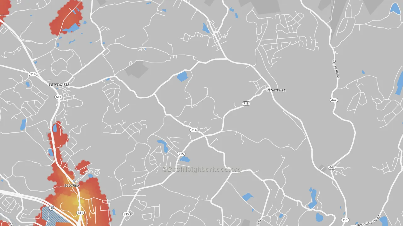 Walk Grade map of 18332, PA, walkable areas in green and car-dependent areas in red
