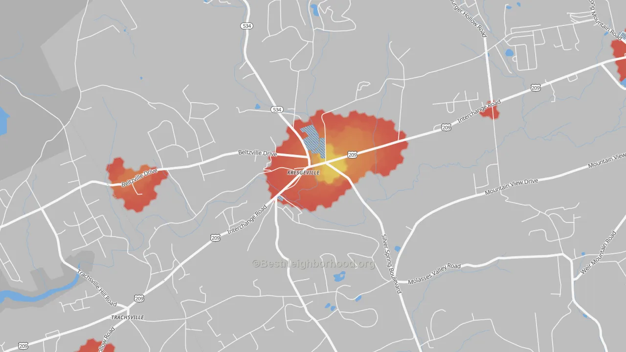 Walk Grade map of 18333, PA, walkable areas in green and car-dependent areas in red