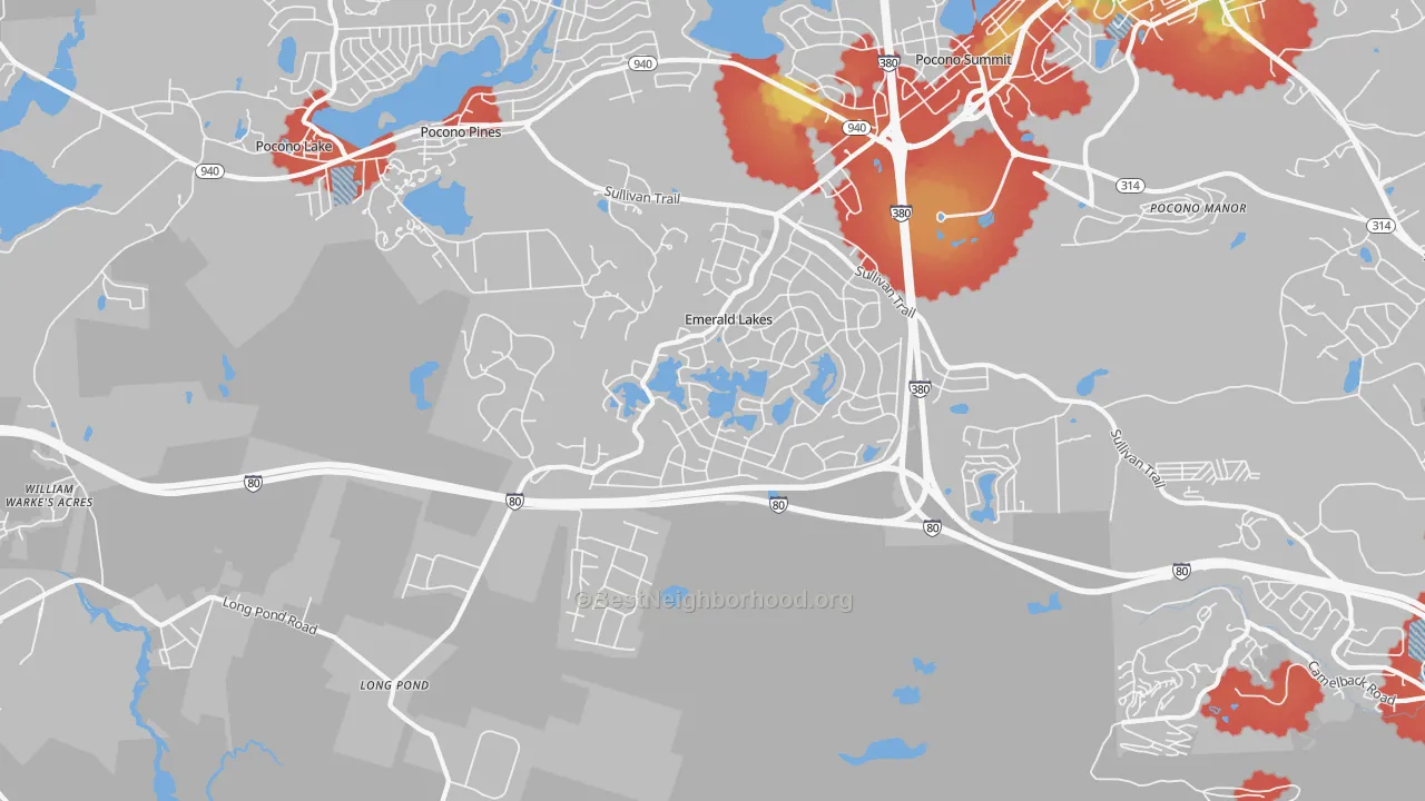 Walk Grade map of 18334, PA, walkable areas in green and car-dependent areas in red
