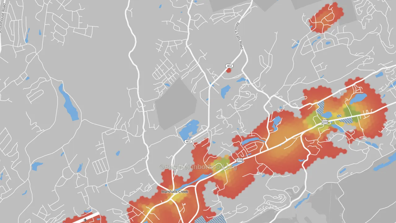 Walk Grade map of 18335, PA, walkable areas in green and car-dependent areas in red