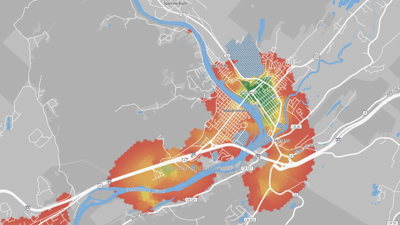 Walk Grade map of 18336, PA, walkable areas in green and car-dependent areas in red