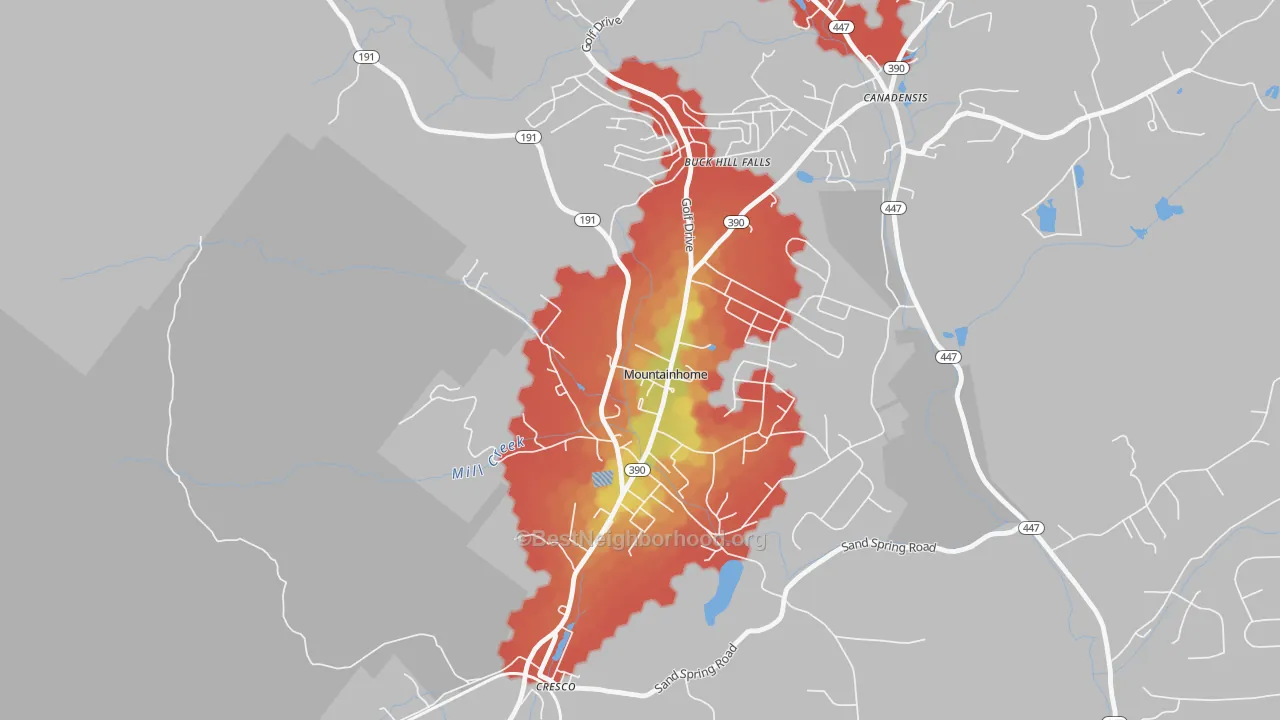 Walk Grade map of 18342, PA, walkable areas in green and car-dependent areas in red