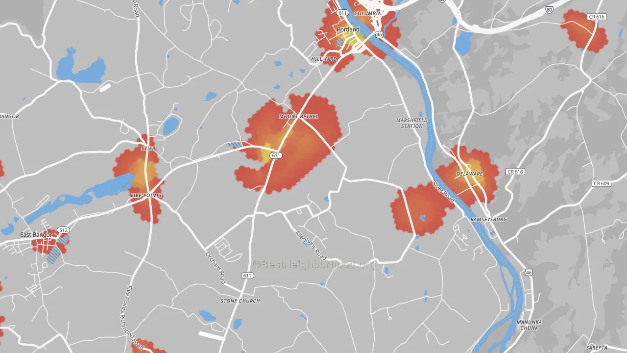 Walk Grade map of 18343, PA, walkable areas in green and car-dependent areas in red