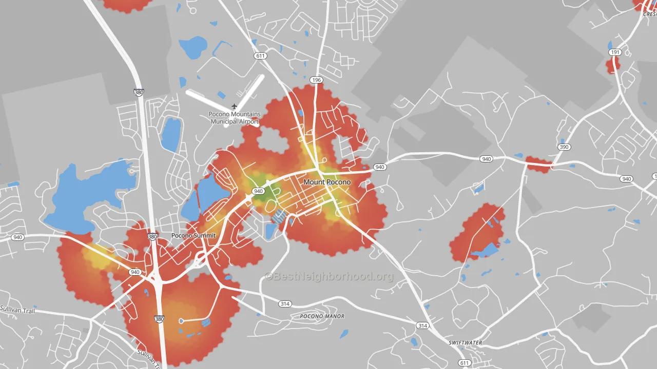 Walk Grade map of 18344, PA, walkable areas in green and car-dependent areas in red