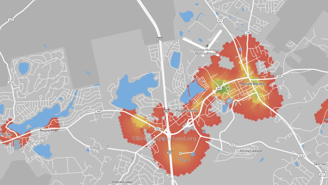 Walk Grade map of 18346, PA, walkable areas in green and car-dependent areas in red