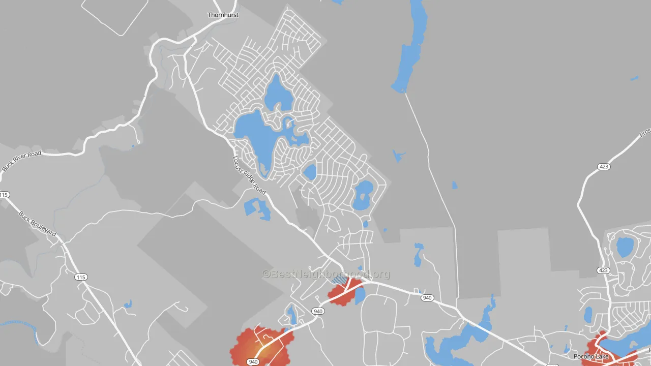 Walk Grade map of 18347, PA, walkable areas in green and car-dependent areas in red