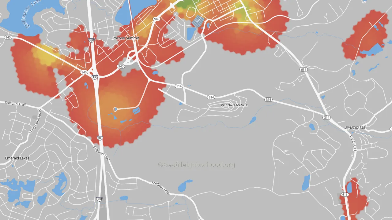 Walk Grade map of 18349, PA, walkable areas in green and car-dependent areas in red