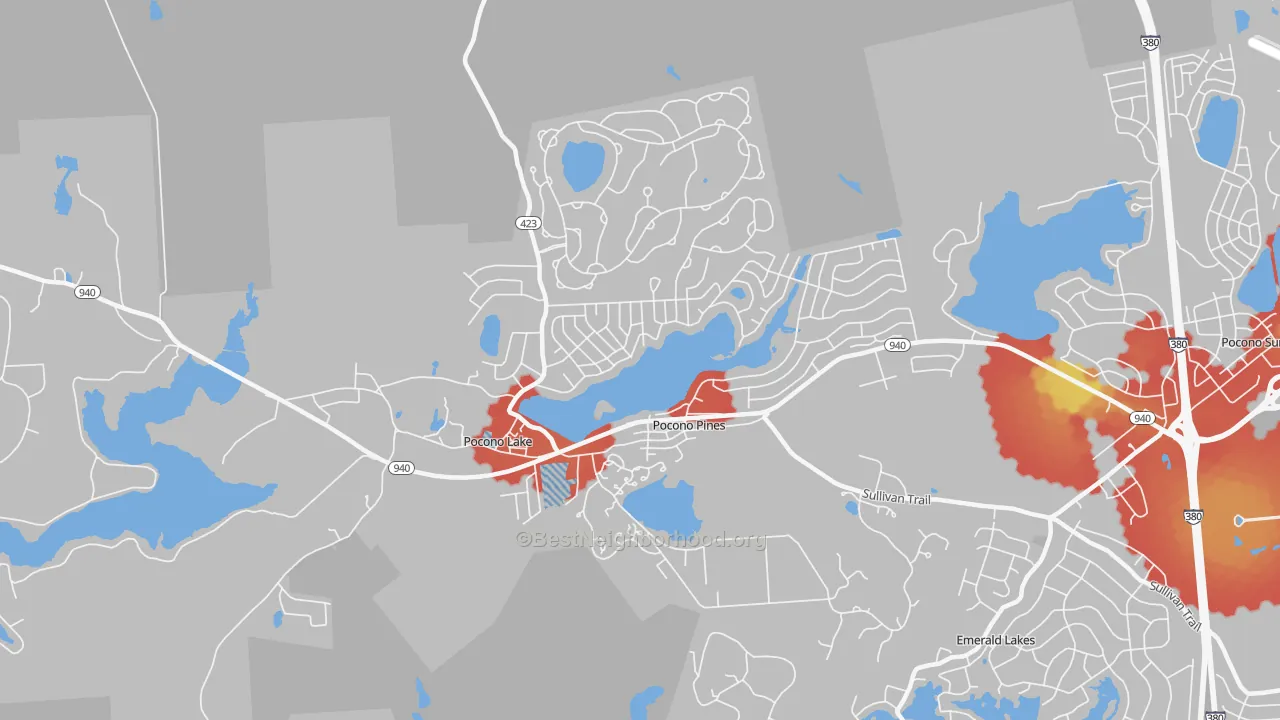 Walk Grade map of 18350, PA, walkable areas in green and car-dependent areas in red
