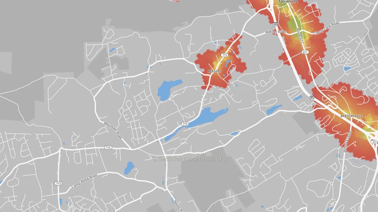 Walk Grade map of 18352, PA, walkable areas in green and car-dependent areas in red