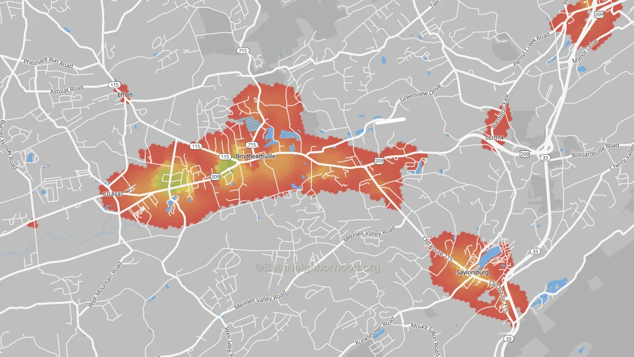 Walk Grade map of 18353, PA, walkable areas in green and car-dependent areas in red