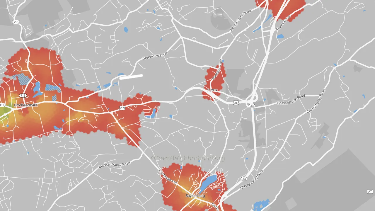 Walk Grade map of 18354, PA, walkable areas in green and car-dependent areas in red
