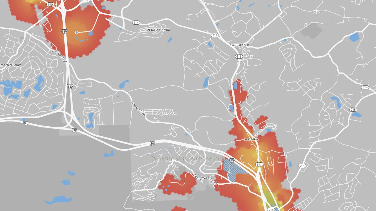 Walk Grade map of 18355, PA, walkable areas in green and car-dependent areas in red