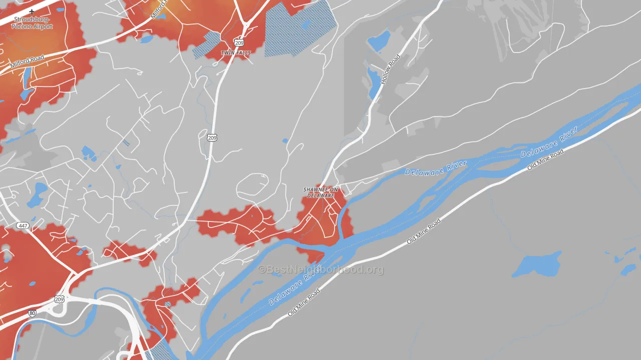 Walk Grade map of 18356, PA, walkable areas in green and car-dependent areas in red