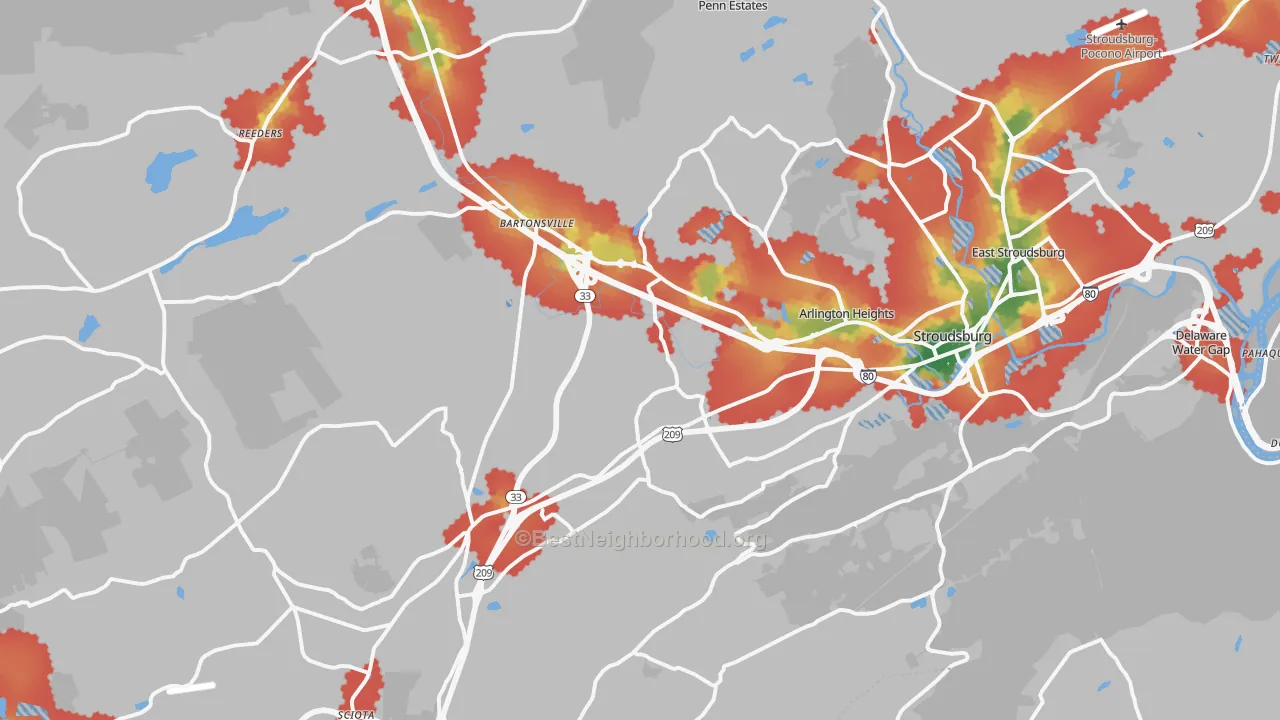 Walk Grade map of 18360, PA, walkable areas in green and car-dependent areas in red