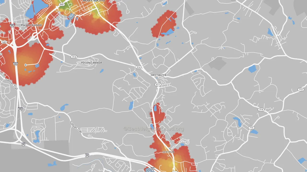 Walk Grade map of 18370, PA, walkable areas in green and car-dependent areas in red
