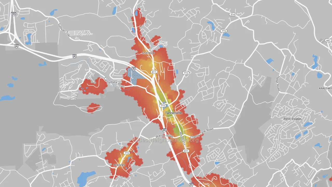 Walk Grade map of 18372, PA, walkable areas in green and car-dependent areas in red
