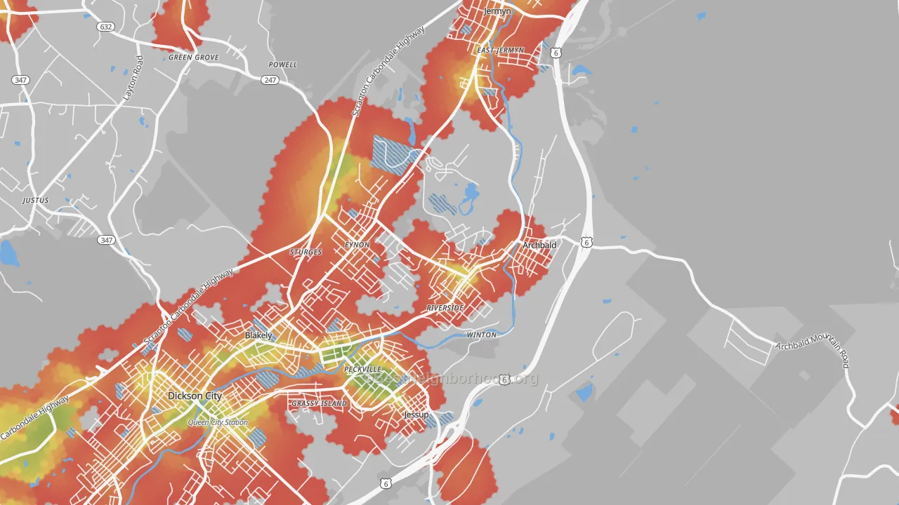 Walk Grade map of 18403, PA, walkable areas in green and car-dependent areas in red