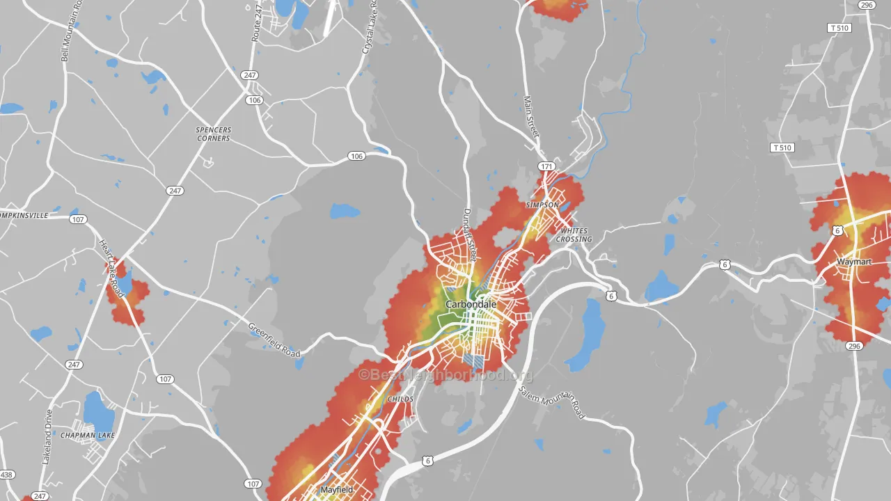 Walk Grade map of 18407, PA, walkable areas in green and car-dependent areas in red