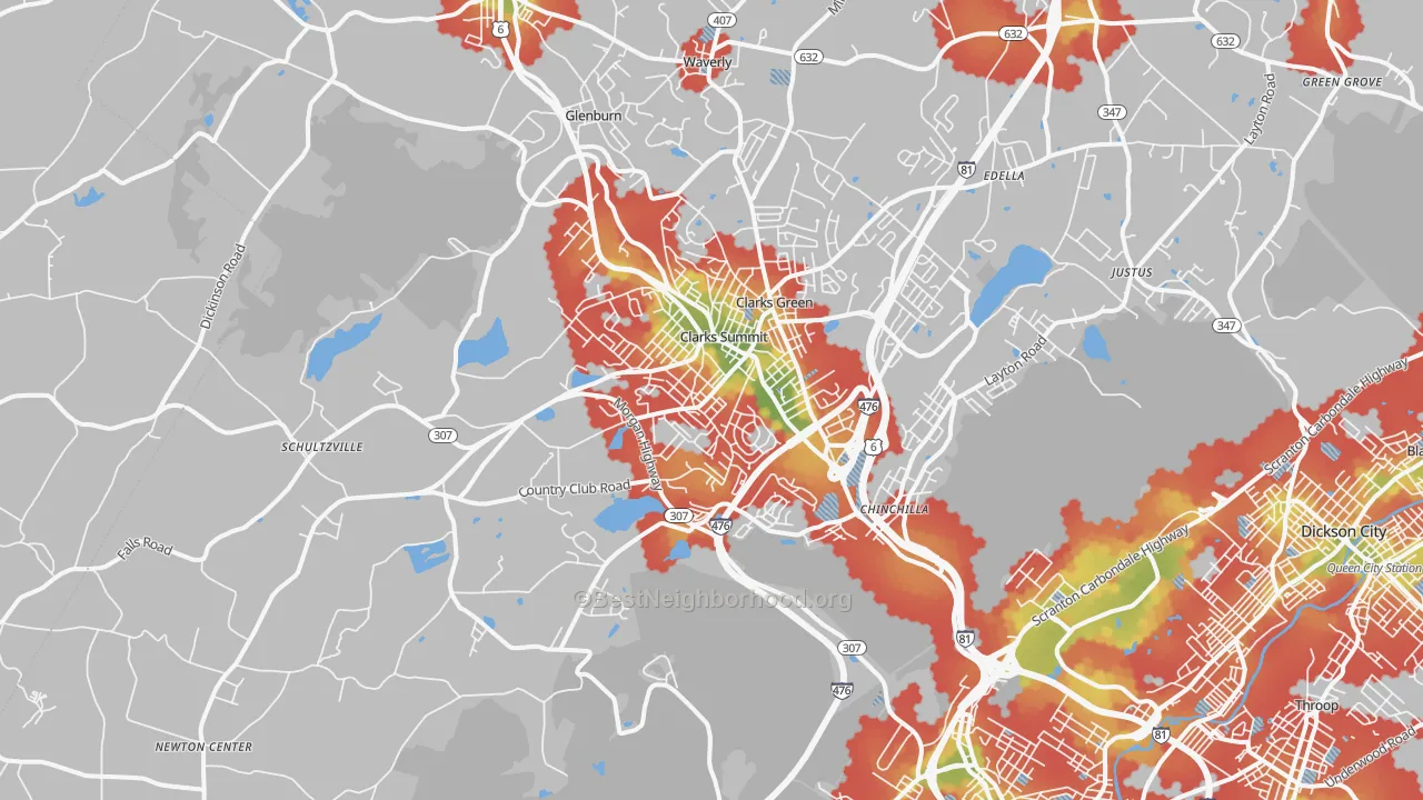 Walk Grade map of 18411, PA, walkable areas in green and car-dependent areas in red