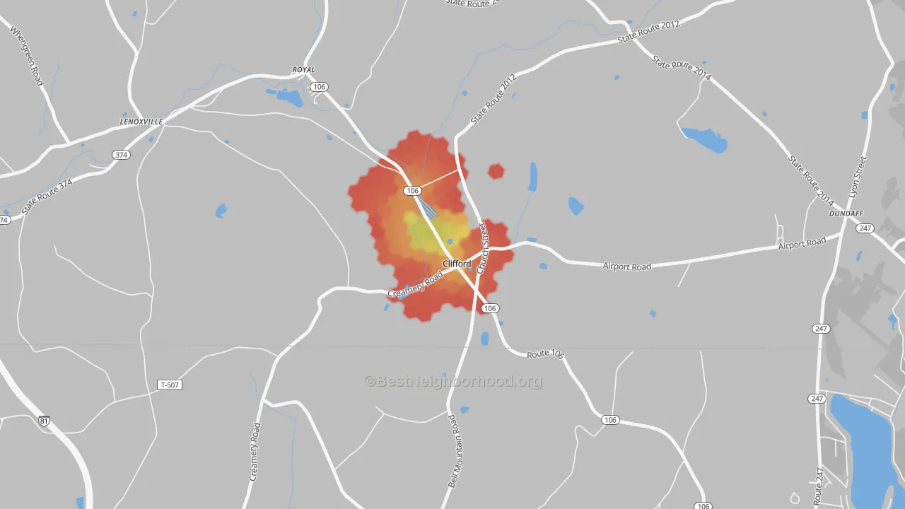 Walk Grade map of 18413, PA, walkable areas in green and car-dependent areas in red