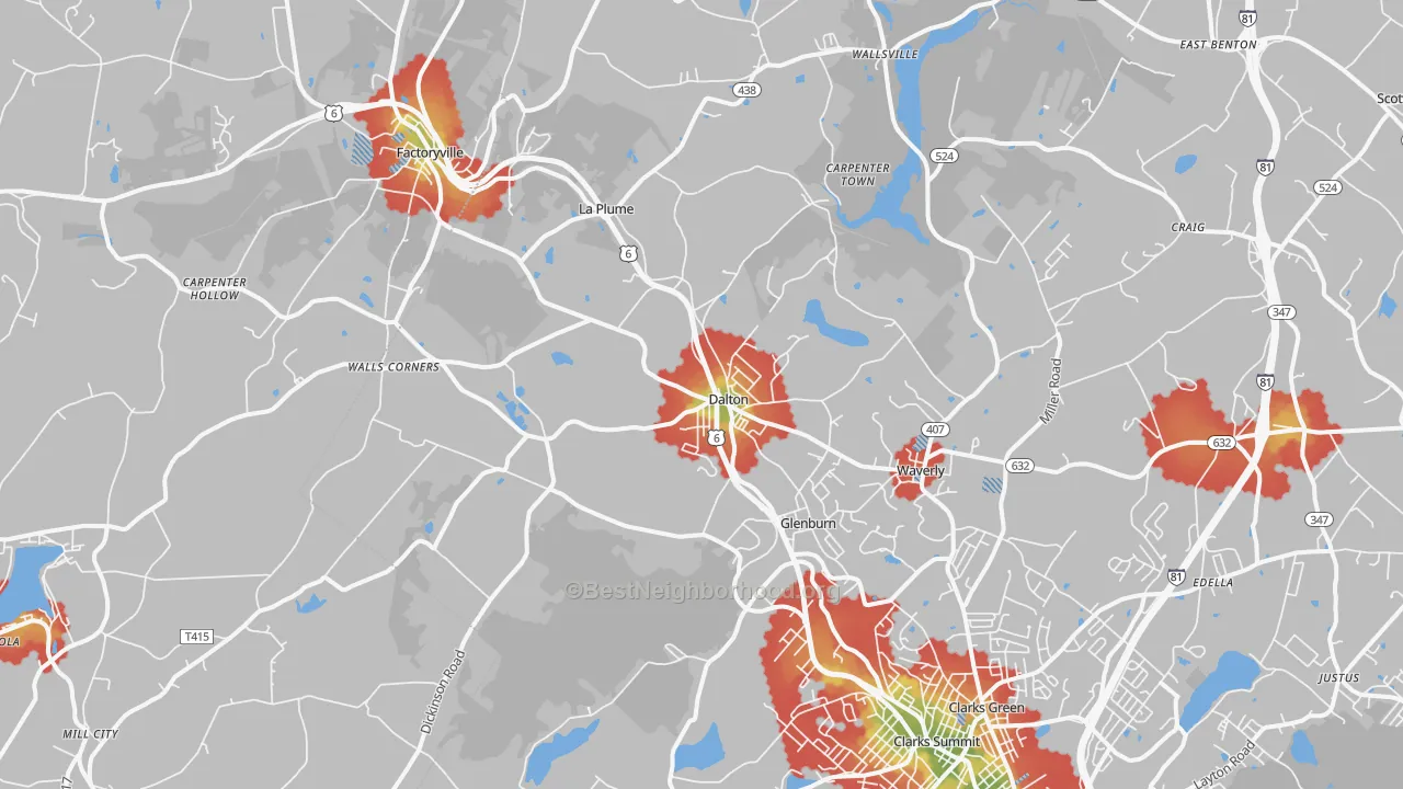 Walk Grade map of 18414, PA, walkable areas in green and car-dependent areas in red