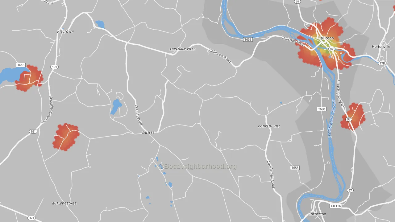Walk Grade map of 18415, PA, walkable areas in green and car-dependent areas in red