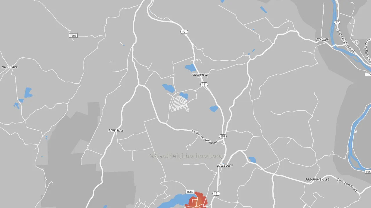 Walk Grade map of 18417, PA, walkable areas in green and car-dependent areas in red