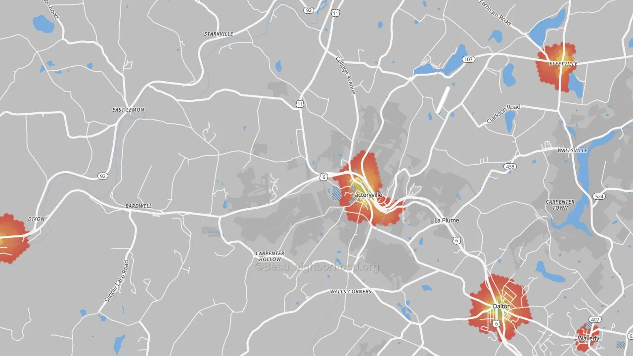 Walk Grade map of 18419, PA, walkable areas in green and car-dependent areas in red