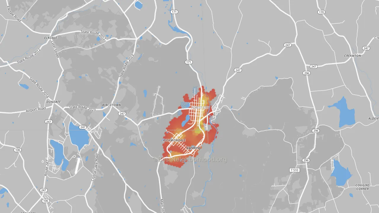 Walk Grade map of 18421, PA, walkable areas in green and car-dependent areas in red