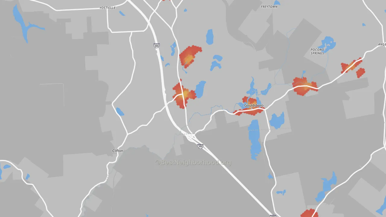 Walk Grade map of 18424, PA, walkable areas in green and car-dependent areas in red