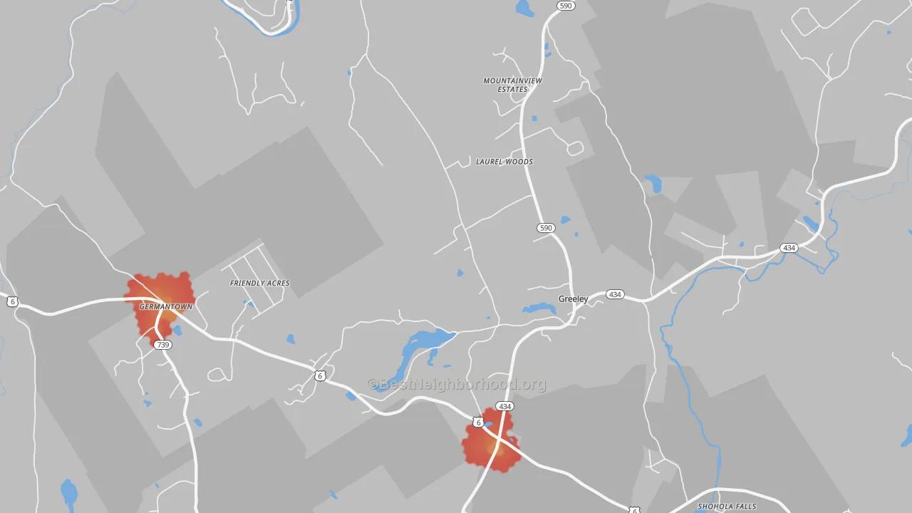 Walk Grade map of 18425, PA, walkable areas in green and car-dependent areas in red