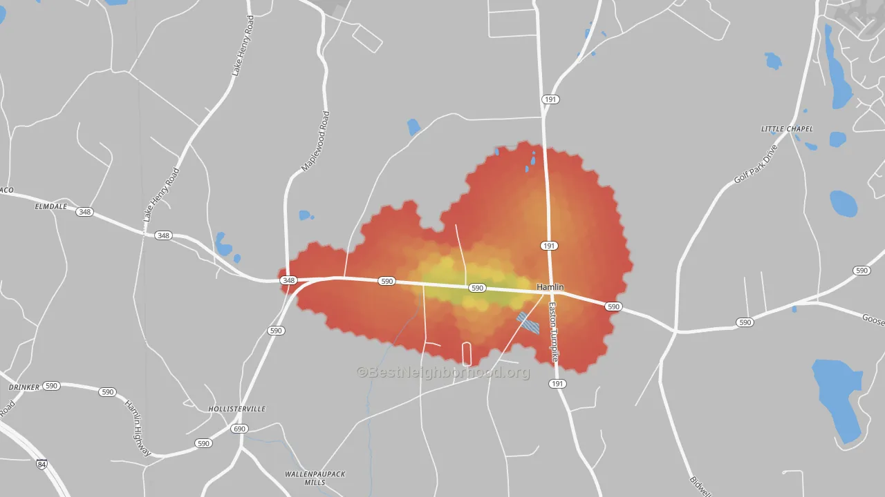 Walk Grade map of 18427, PA, walkable areas in green and car-dependent areas in red