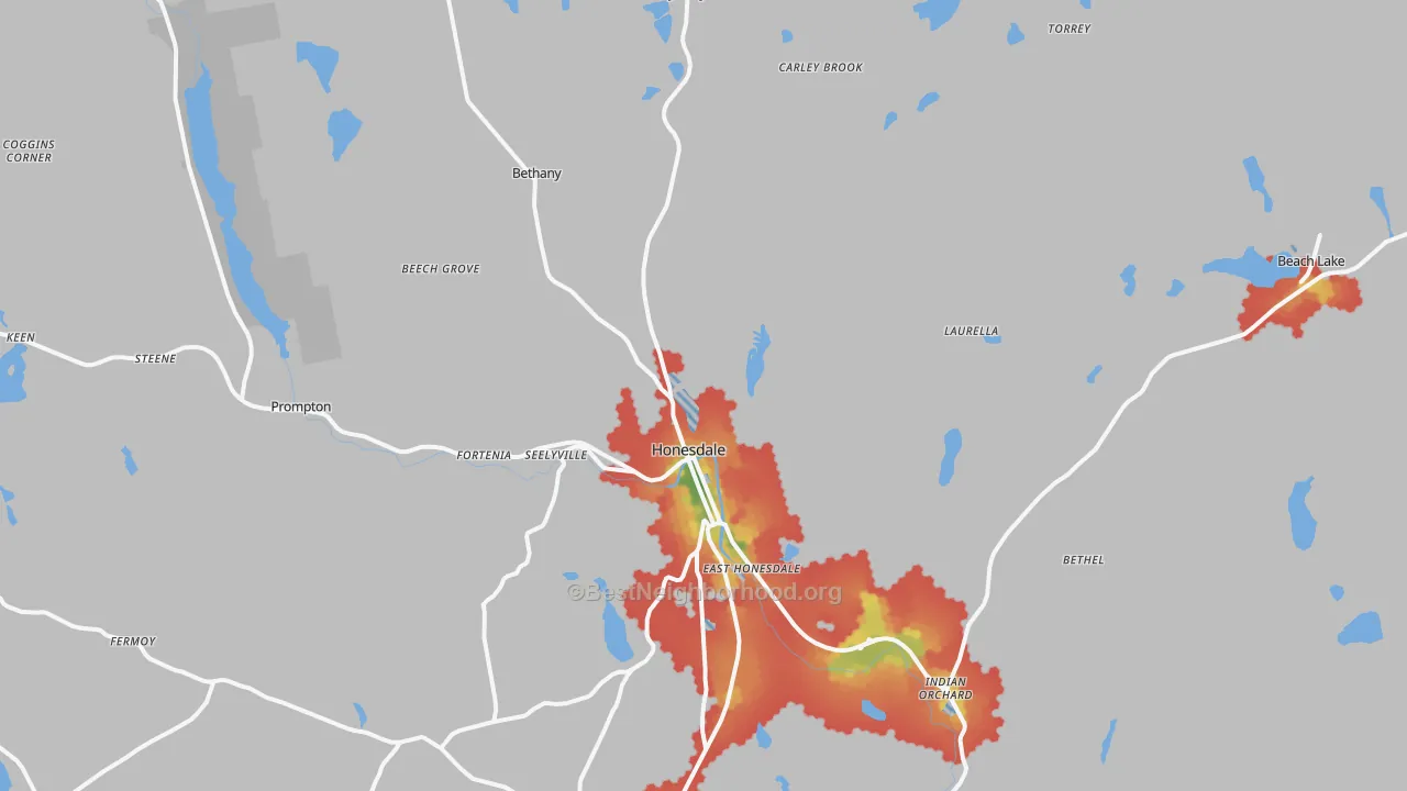 Walk Grade map of 18431, PA, walkable areas in green and car-dependent areas in red