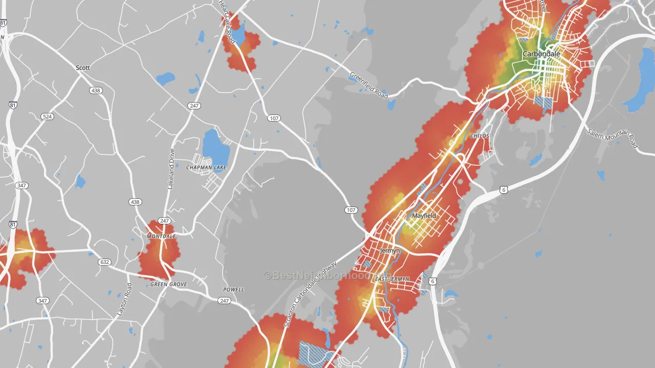 Walk Grade map of 18433, PA, walkable areas in green and car-dependent areas in red