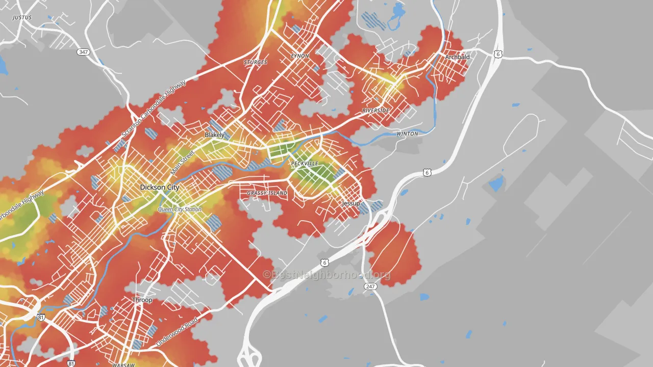Walk Grade map of 18434, PA, walkable areas in green and car-dependent areas in red