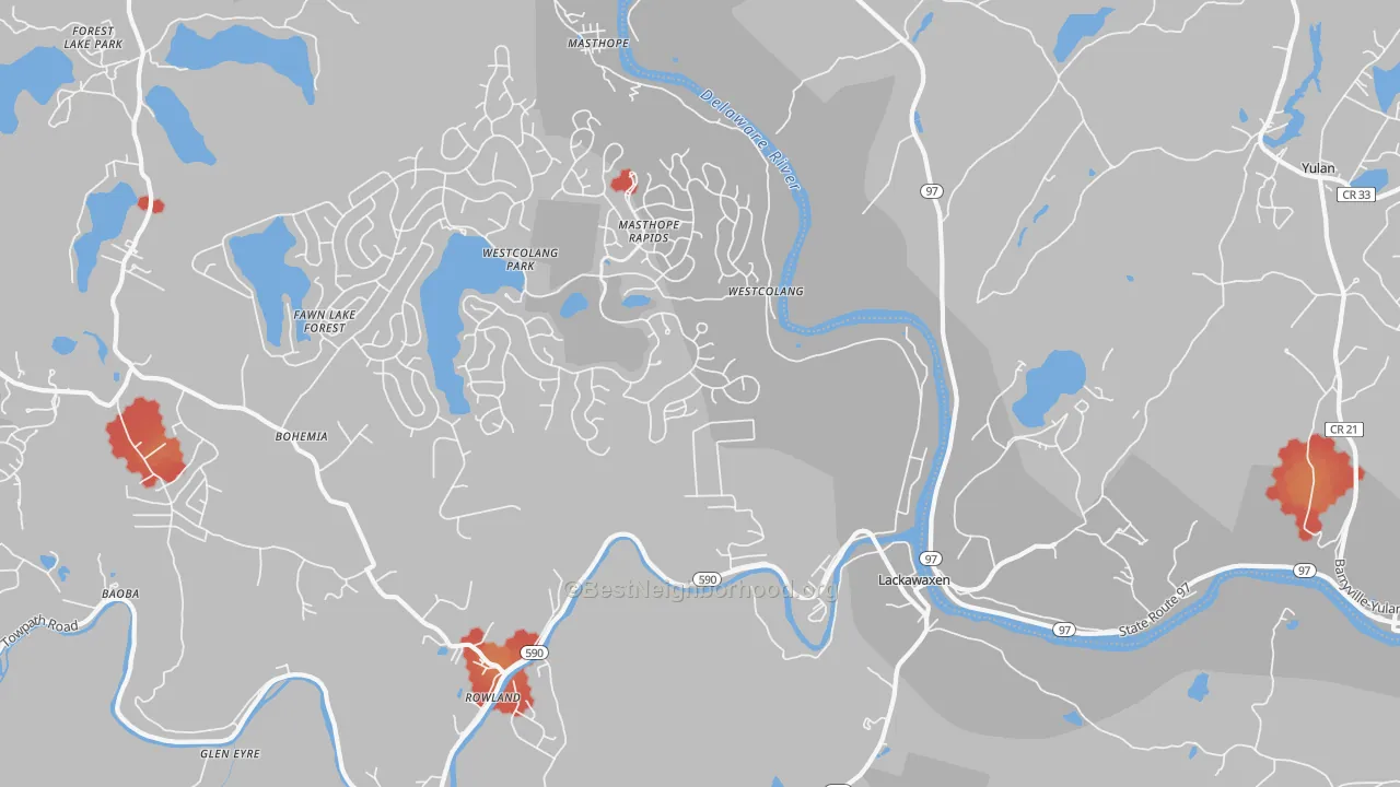 Walk Grade map of 18435, PA, walkable areas in green and car-dependent areas in red