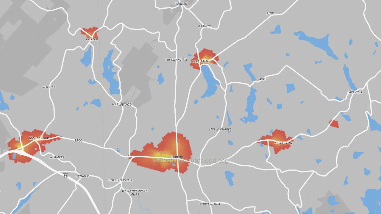 Walk Grade map of 18436, PA, walkable areas in green and car-dependent areas in red