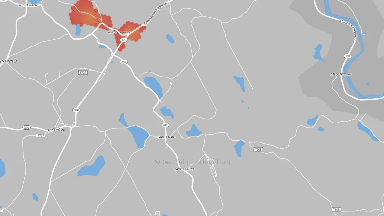 Walk Grade map of 18437, PA, walkable areas in green and car-dependent areas in red
