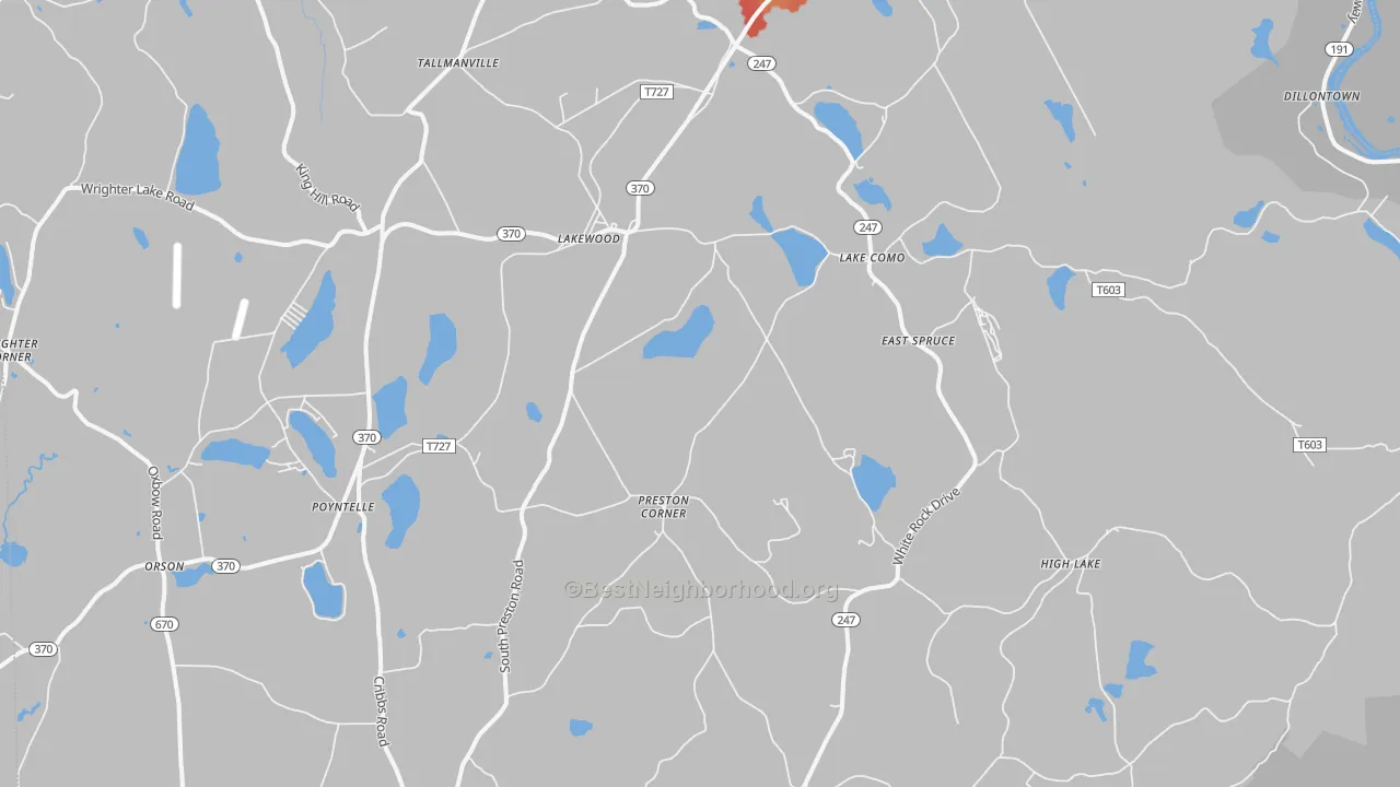 Walk Grade map of 18439, PA, walkable areas in green and car-dependent areas in red