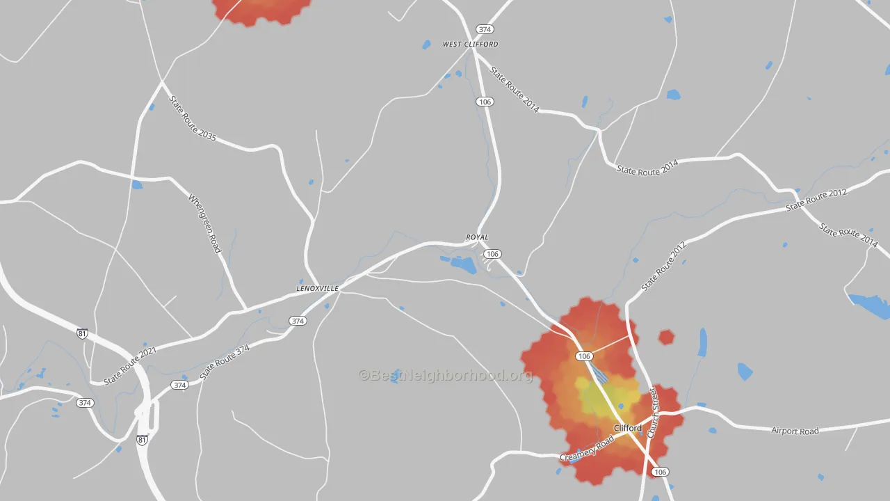 Walk Grade map of 18441, PA, walkable areas in green and car-dependent areas in red