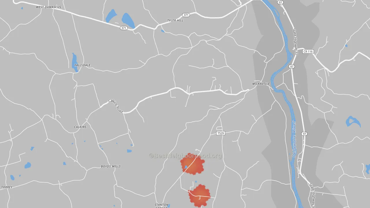 Walk Grade map of 18443, PA, walkable areas in green and car-dependent areas in red